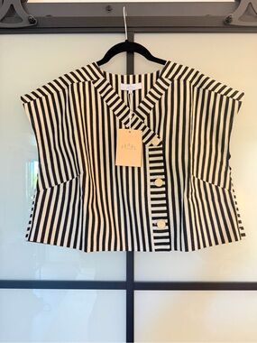 PEARL Lela Rose Black & Cream Striped Short Sleeve Button Front Top